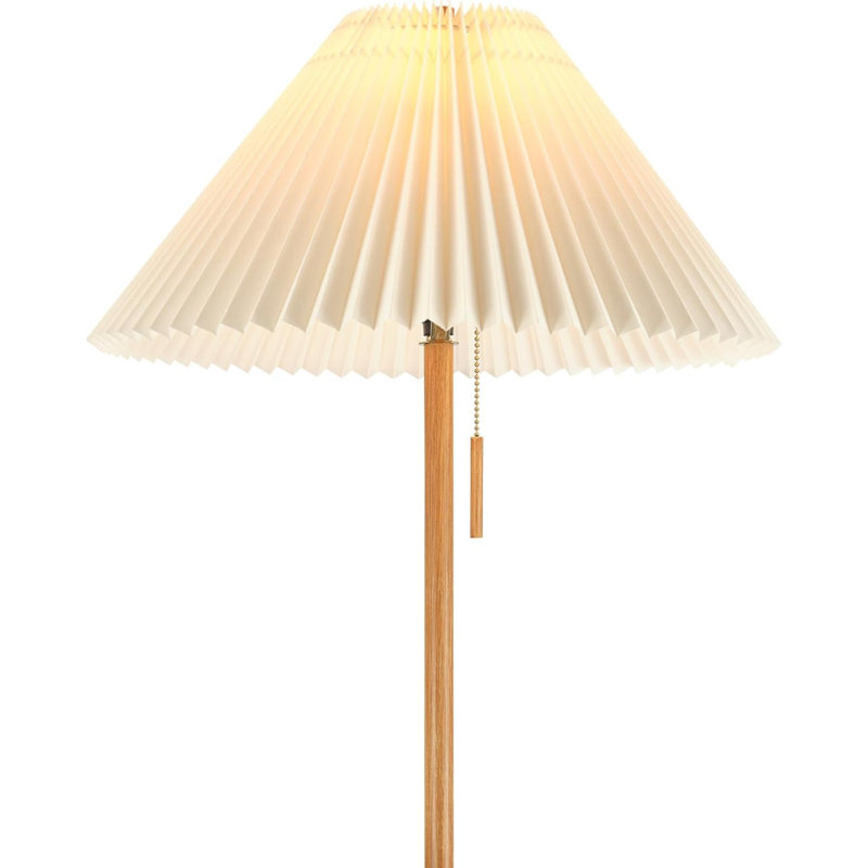 Floor Lamp Faux Wood Finish Pleated Fabric Shade Flat Base Pull Chain Switch On Socket Reading Lamp Home Office Accessories Home Decor Home